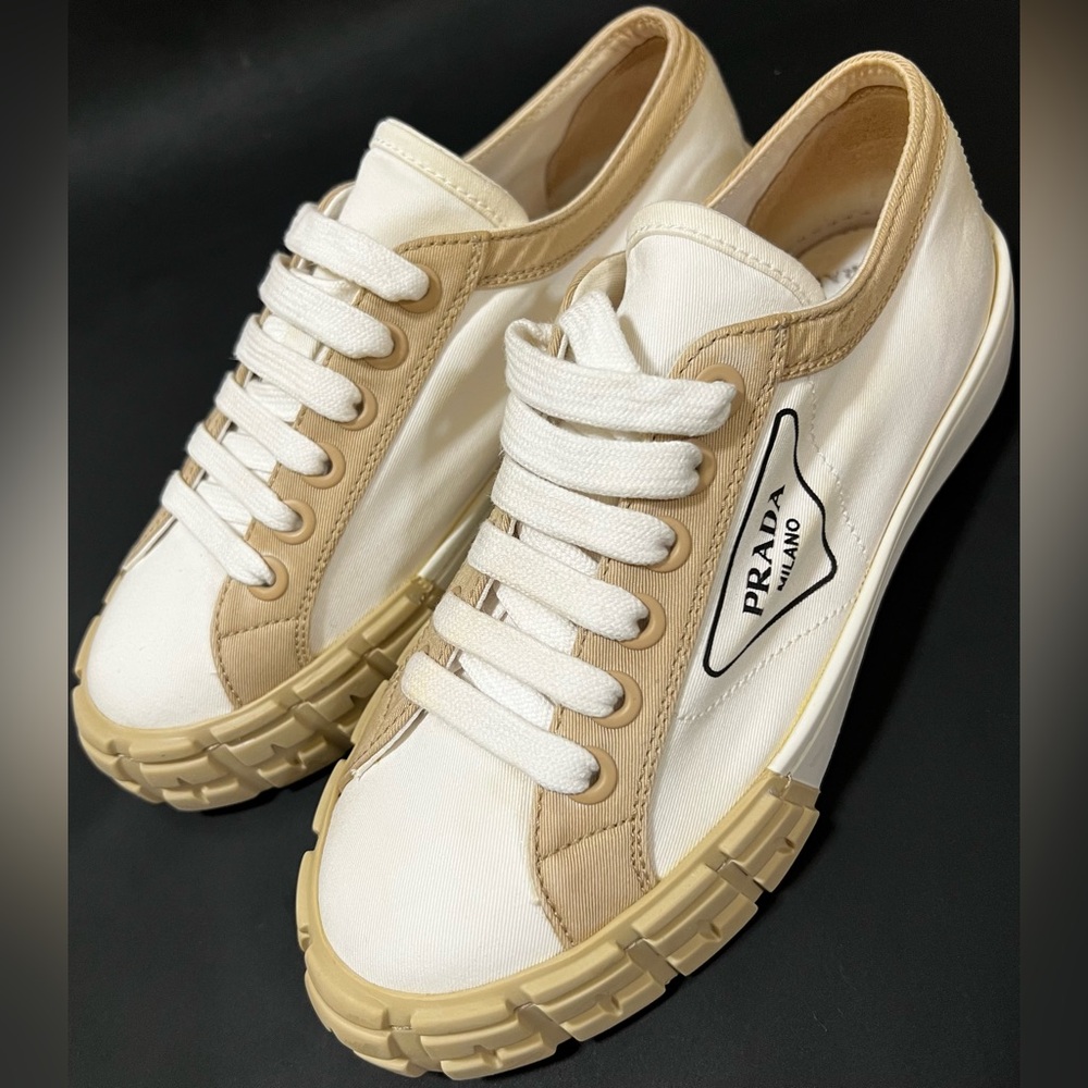 PRADA CREAM/TAN CANVAS SNEAKER | SIZE 38 | US 8
